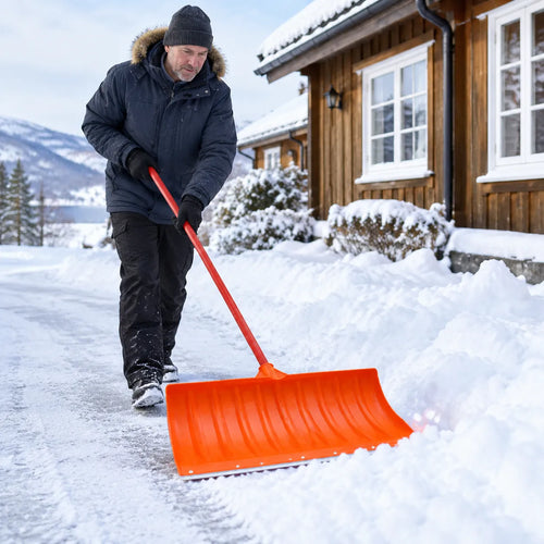 Mann skyver snø av en oppkjørsel med en bred oransje snøskuffe