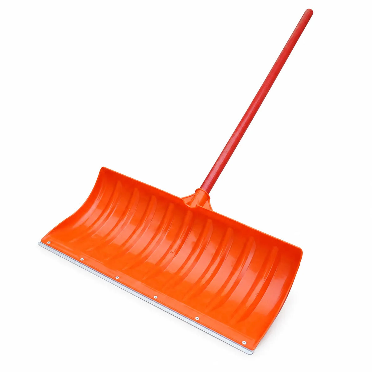 Orange plastic snow shovel with metal edge and red wooden handle on a white background