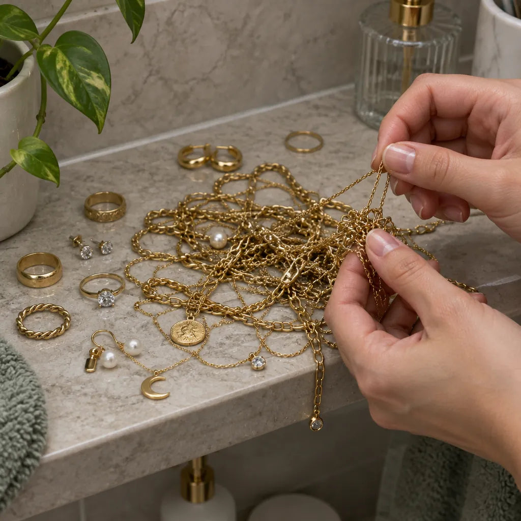 Verhedderte goldene Ketten, Ringe und Ohrringe auf einem Badezimmerregal