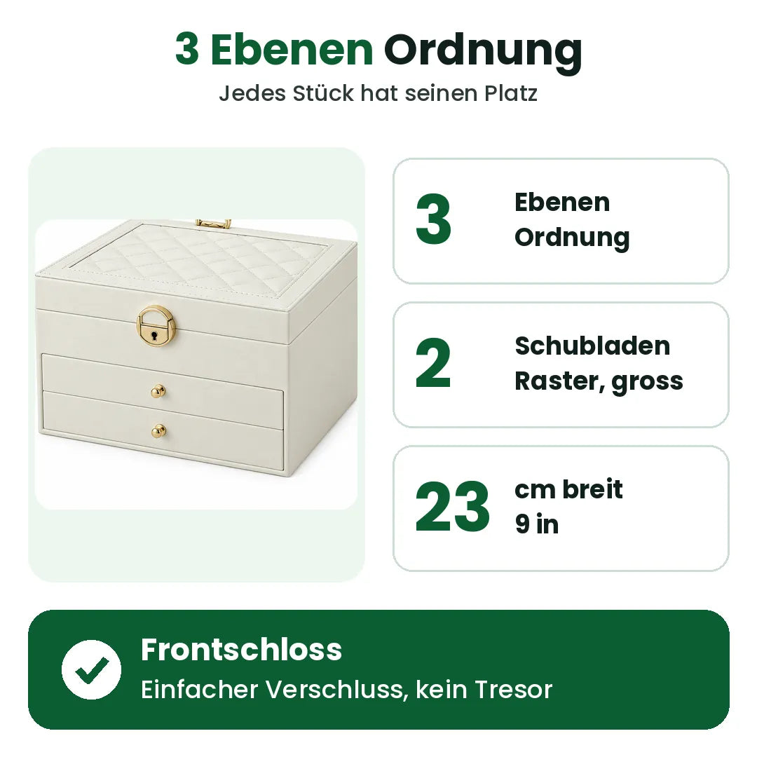 Schmuckkästchen mit 3 Ebenen, 2 Schubladen und Frontschloss, 23 cm breit