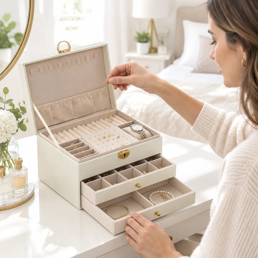 Woman at a bedroom dressing table hanging a necklace in her jewelry box