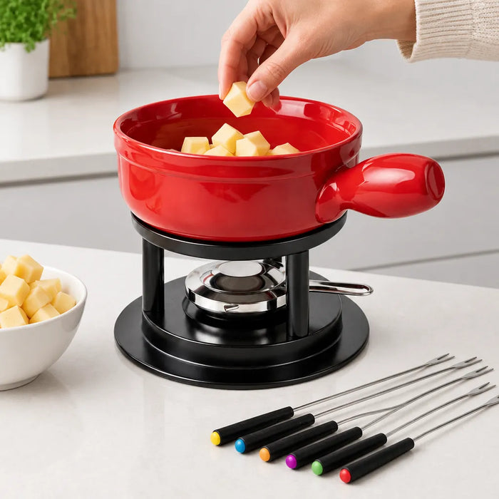 Hand gibt Käsewürfel in das rote Fondue-Caquelon auf dem Gestell
