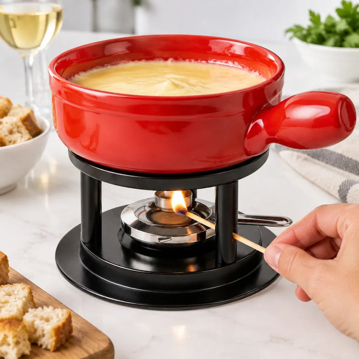 Hand zündet mit einem Streichholz den Brenner unter dem roten Fondue-Caquelon an