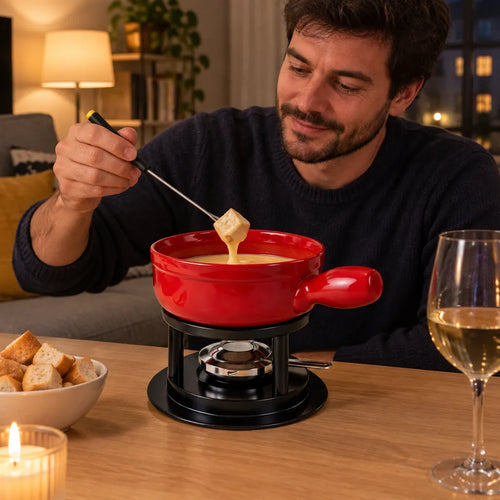 Mann tunkt abends zu Hause Brot ins Käsefondue