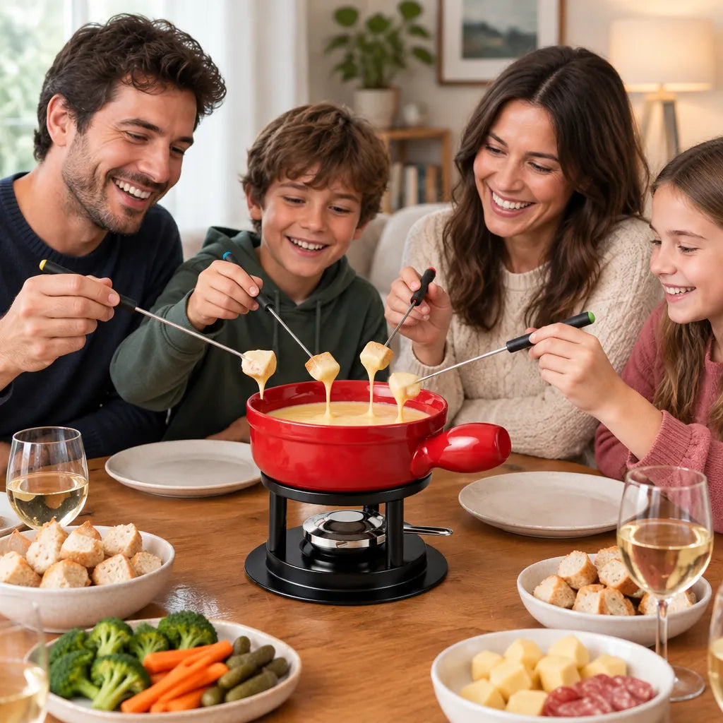 Family of four dipping bread into a cheese fondue set at the dinner table