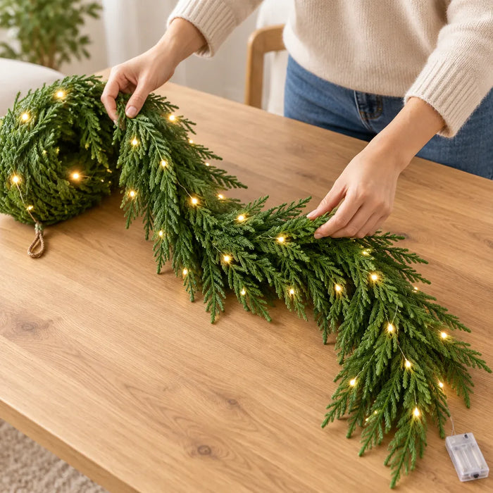 Hands unrolling and fluffing a Christmas garland with lights on a wooden table