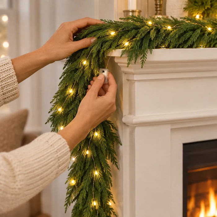 Hands hanging a lit garland on a mantel and hiding the battery box