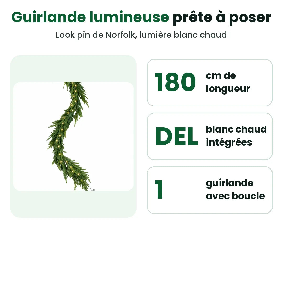 Guirlande de Noël lumineuse en pin de Norfolk de 180 cm, DEL blanc chaud