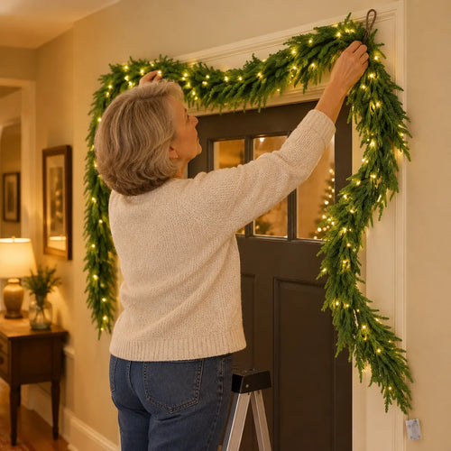 Woman hanging a Christmas garland with lights around a front door frame