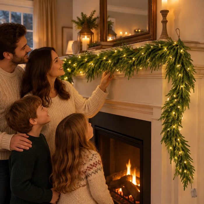 Family smiling at a Christmas garland with lights glowing on the fireplace mantel