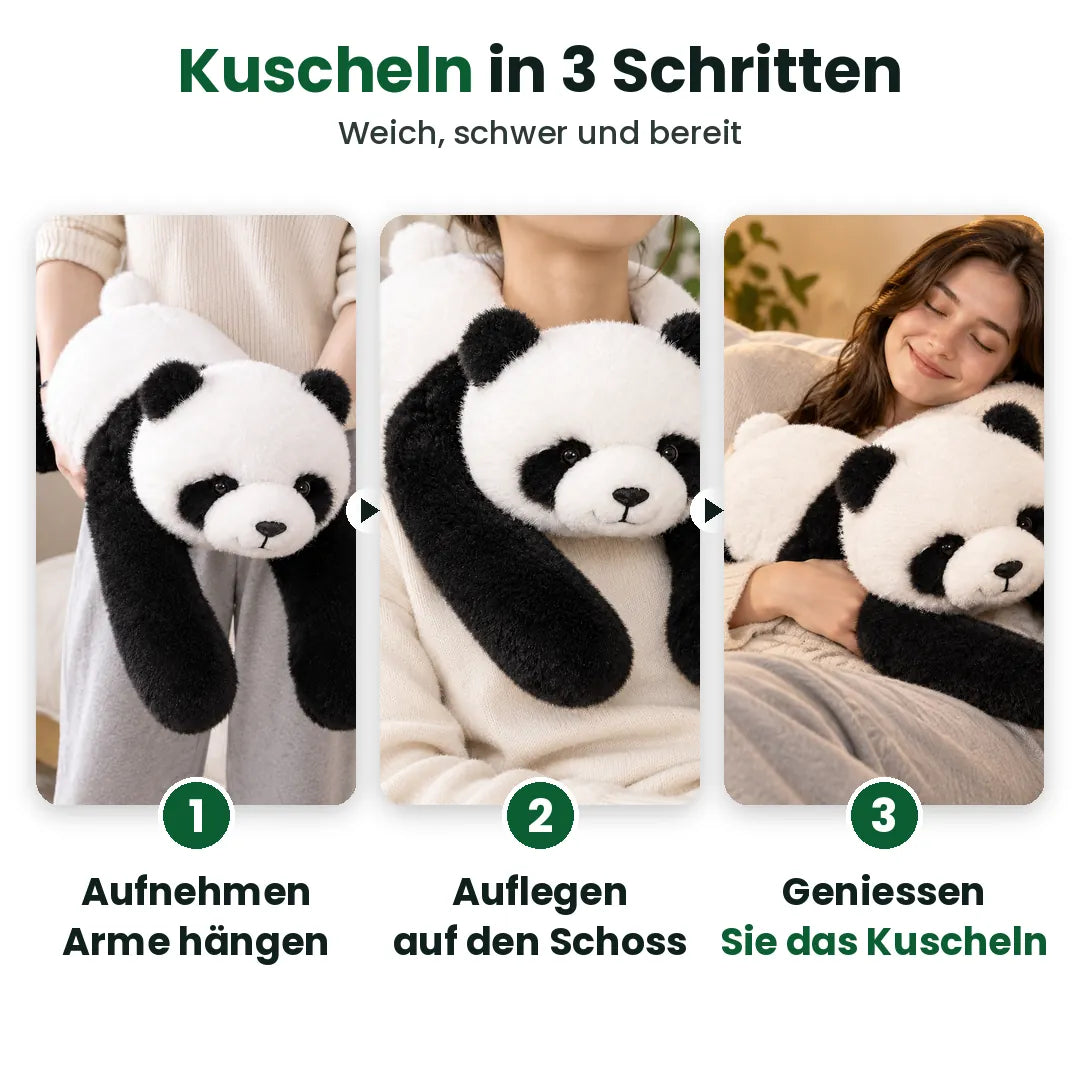 Drei Schritte zum Kuscheln mit einem Gewichtskuscheltier Panda