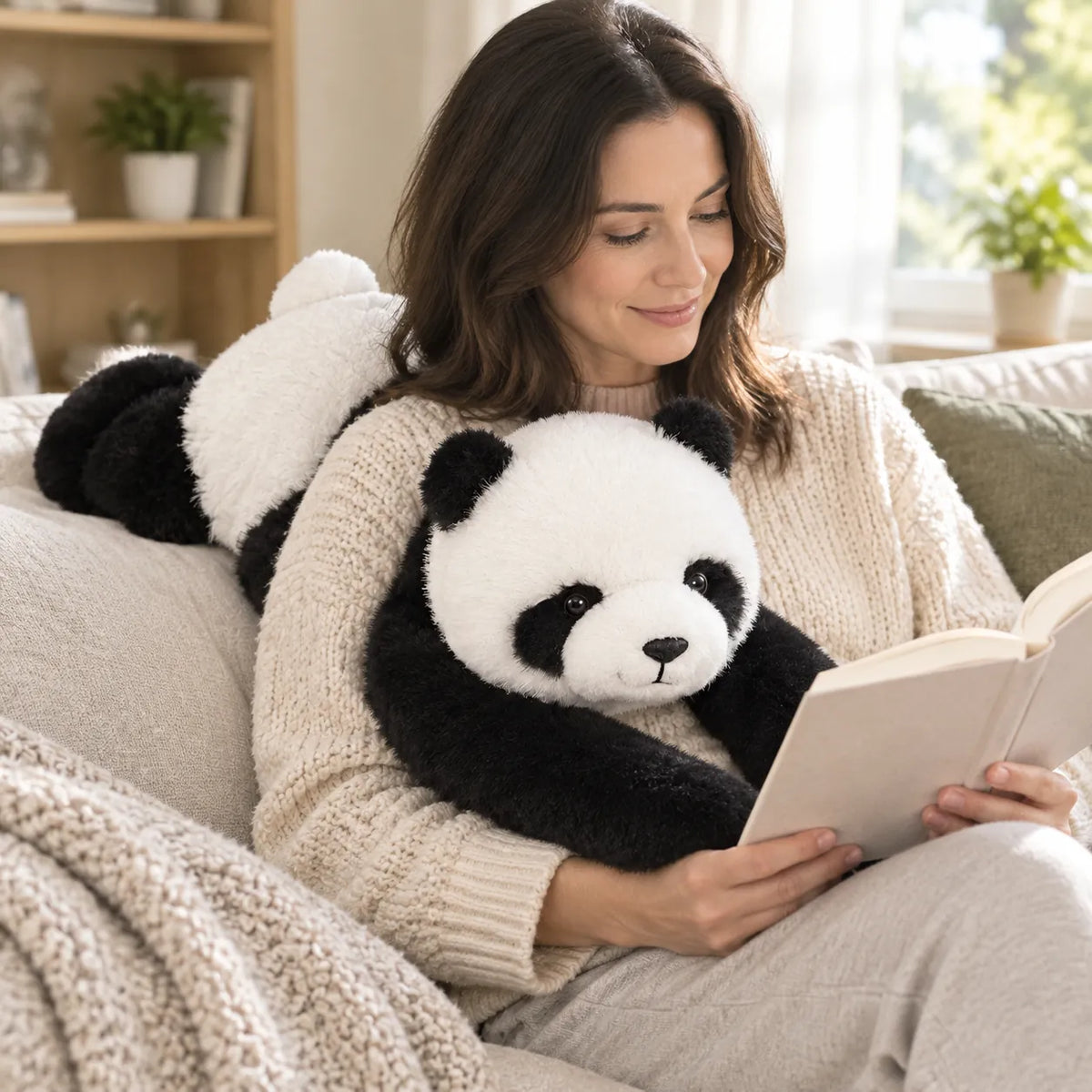 Woman reading on the sofa with a weighted plush panda on her shoulders