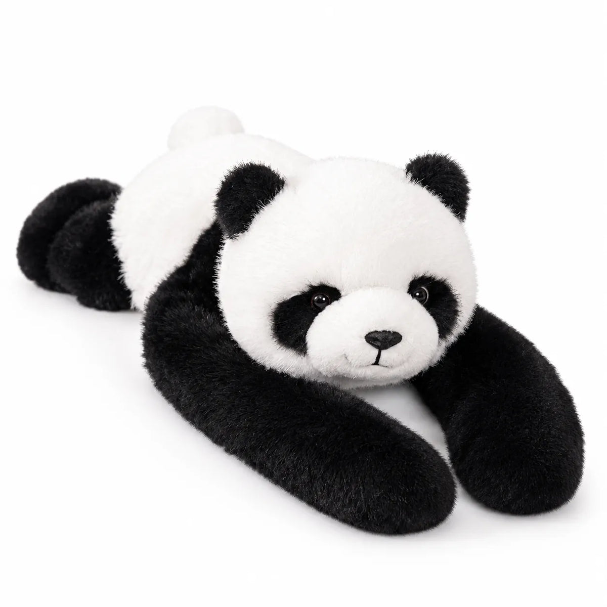 Weighted stuffed animal panda lying down on a white background
