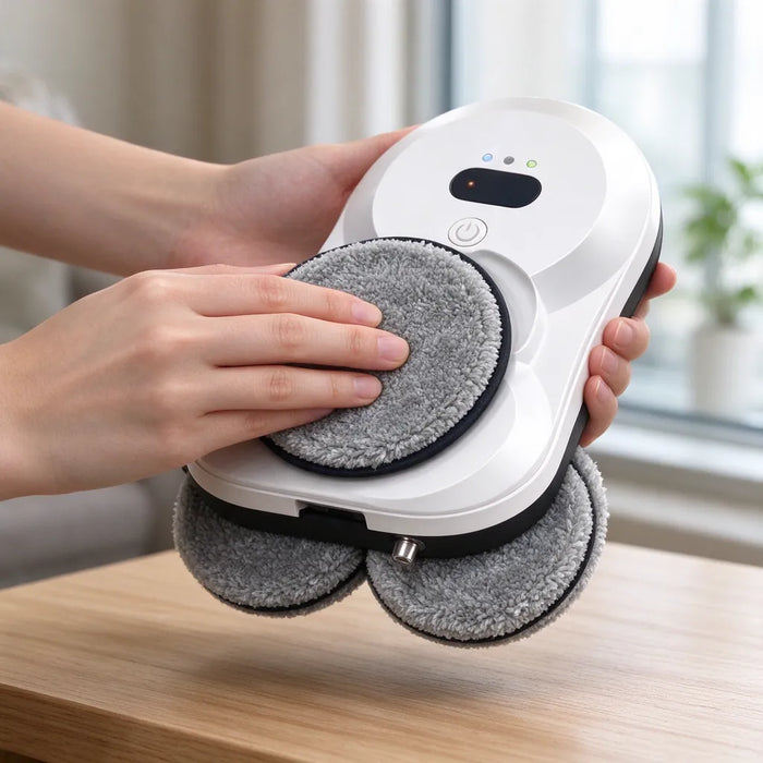 Hände setzen ein graues Mikrofaser-Pad auf einen Fensterputzroboter