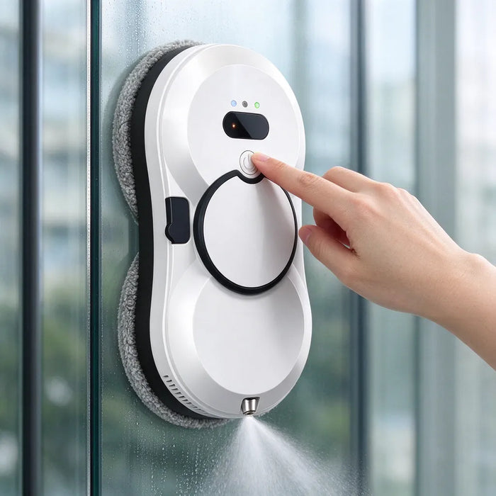 Finger drückt die Einschalttaste eines Fensterputzroboters auf einer Glasscheibe