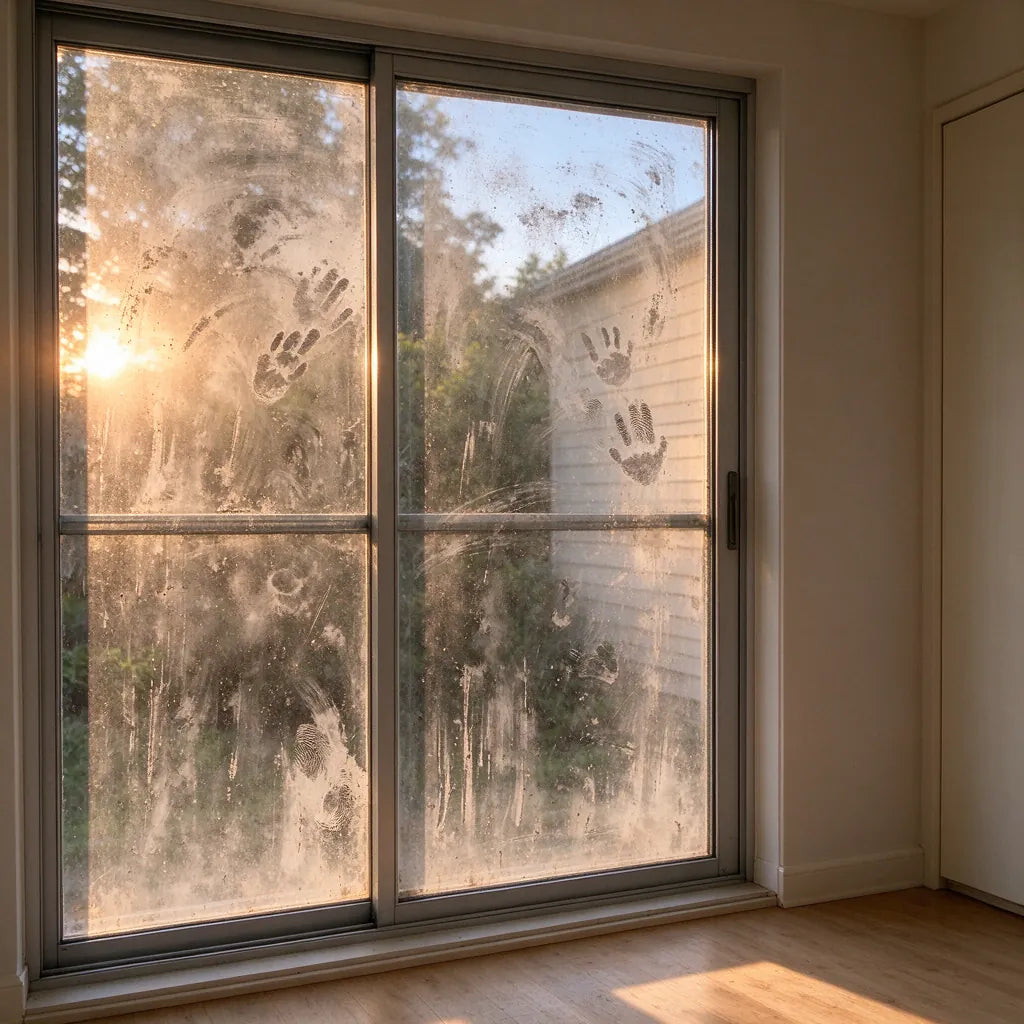 Schmutzige Fensterscheibe mit Fingerabdrücken und Streifen im Gegenlicht