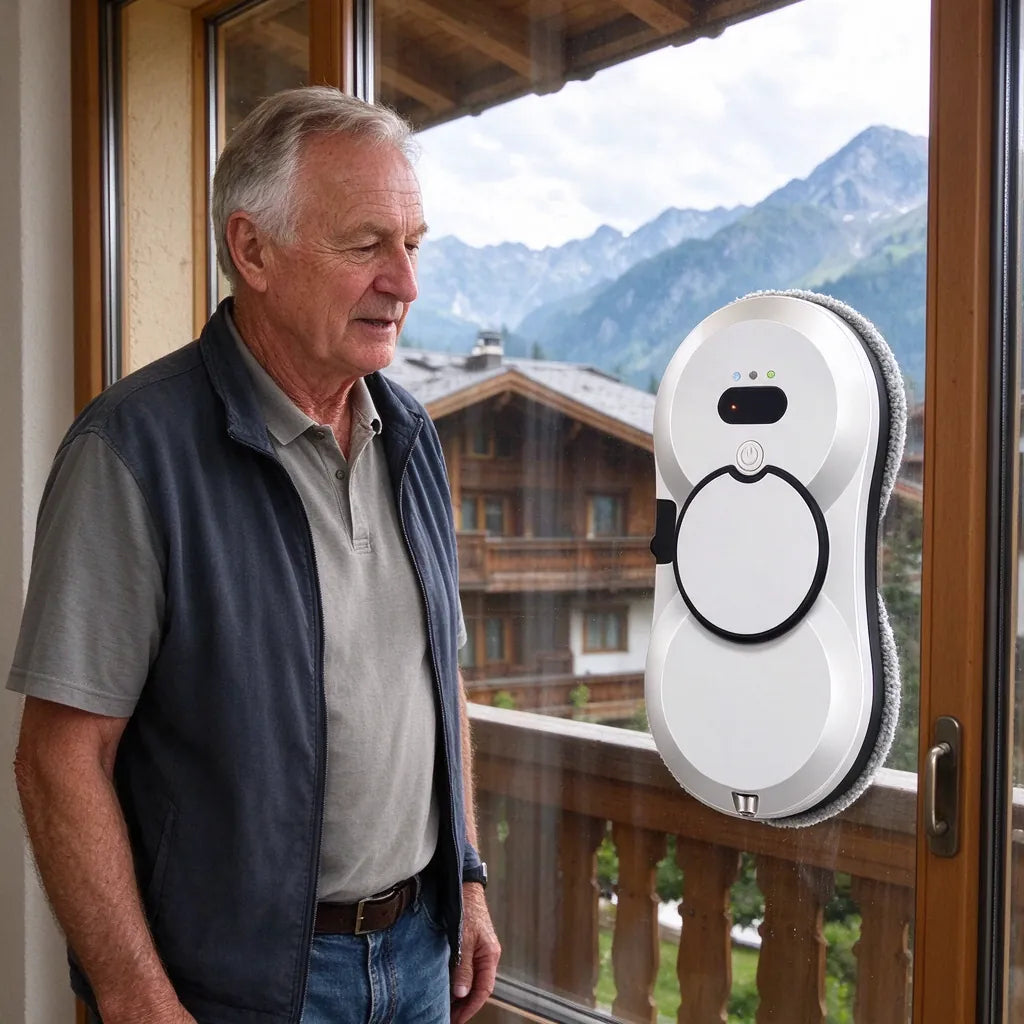 Man at a balcony glass door with a window cleaning robot working on the pane