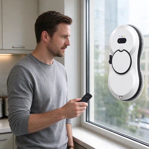 Mann mit Fernbedienung, während ein Fensterputzroboter das Küchenfenster reinigt