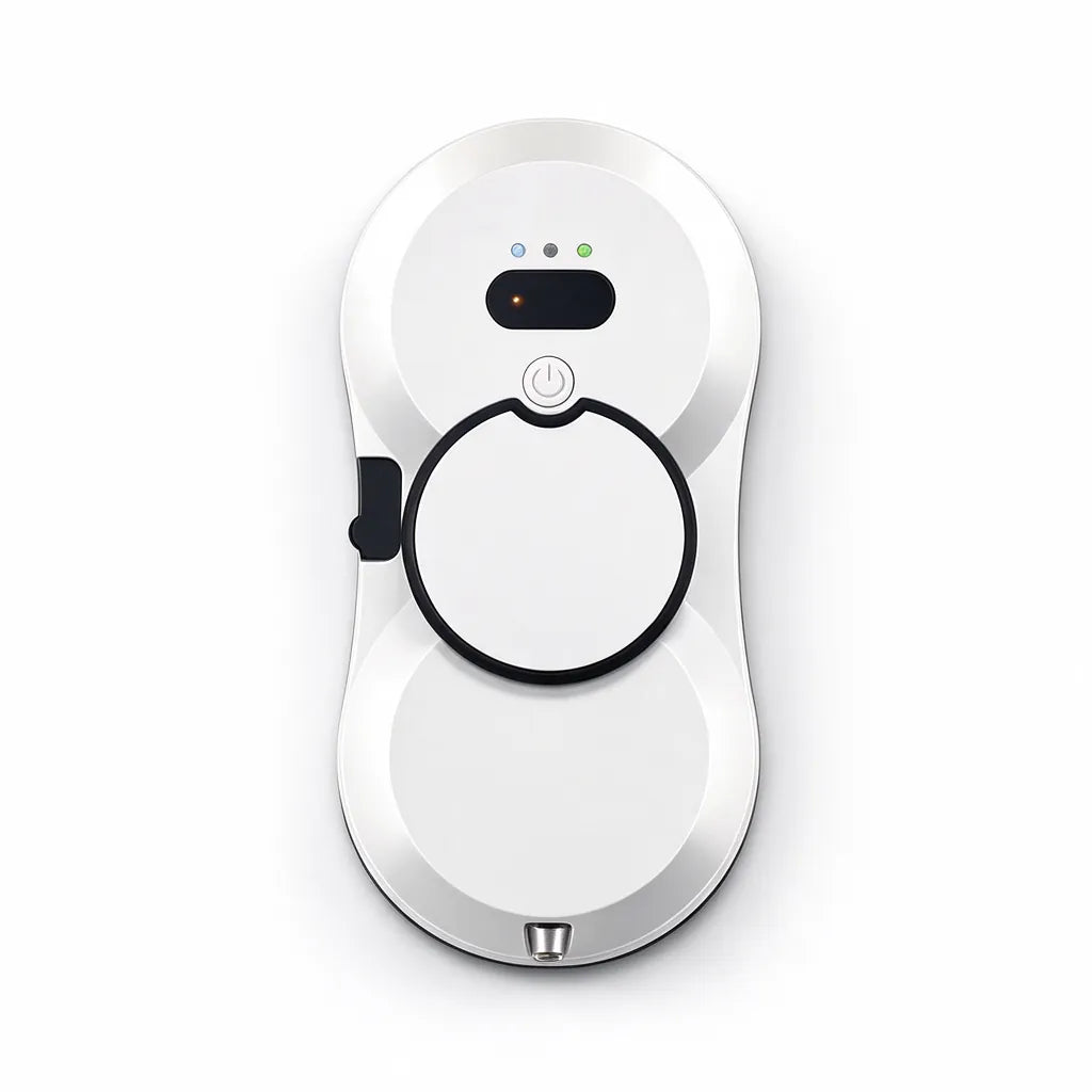 White window cleaning robot with two round microfibre pads, top view