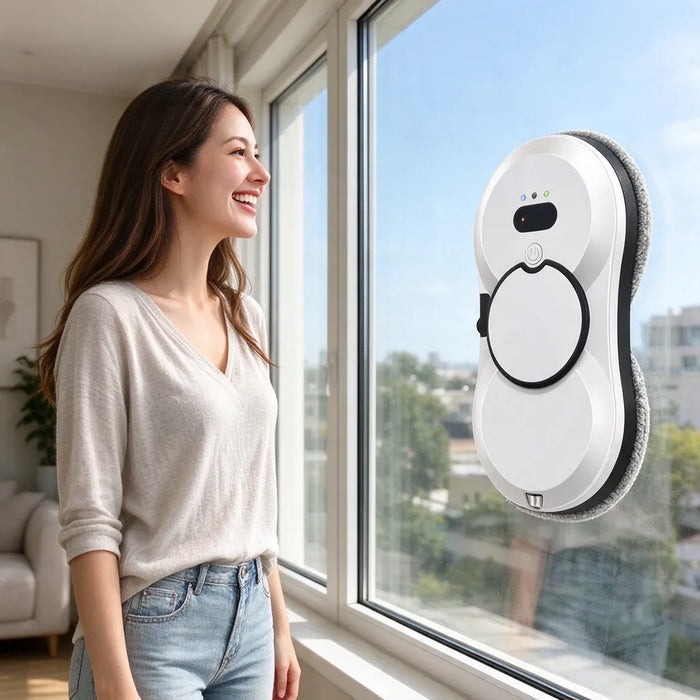 Lächelnde Frau vor einem sauberen Fenster mit einem Fensterputzroboter auf dem Glas