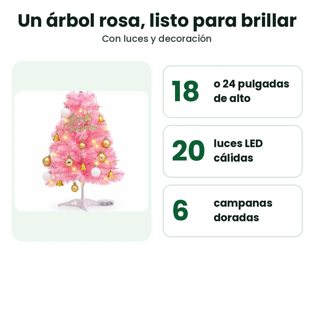 Árbol de Navidad rosa con luces LED, en 18 y 24 pulgadas, con campanas doradas