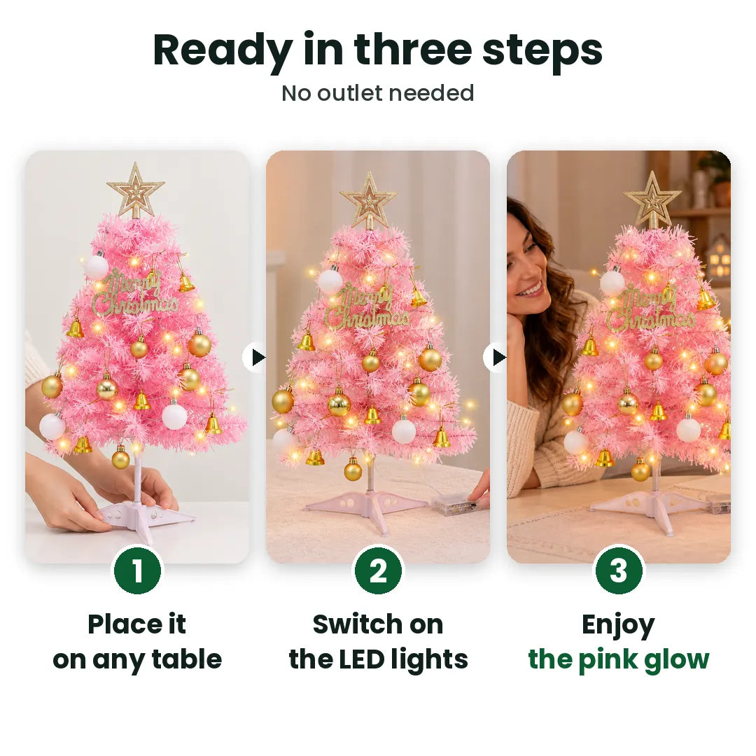 Three steps to set up a pink pre-lit tabletop Christmas tree