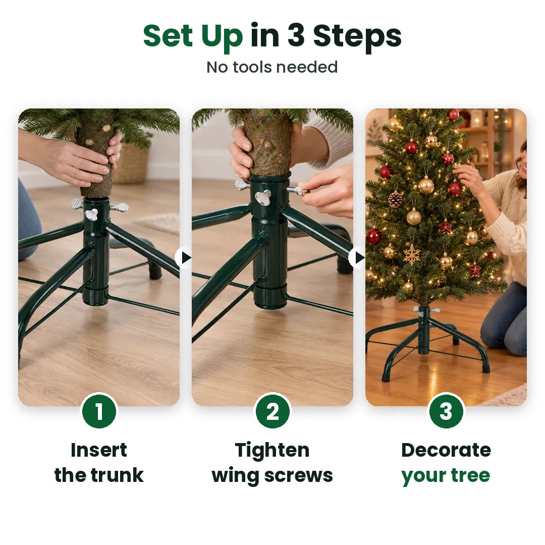 Three steps to set up a metal Christmas tree stand: insert, tighten, decorate