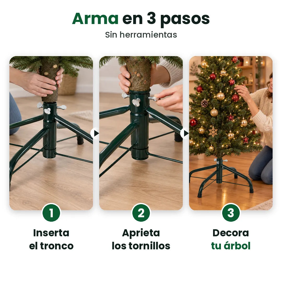 Tres pasos para armar una base metálica para árbol de Navidad: mete, aprieta, decora