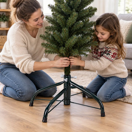 Mamá e hija armando un arbolito en una base metálica para árbol de Navidad