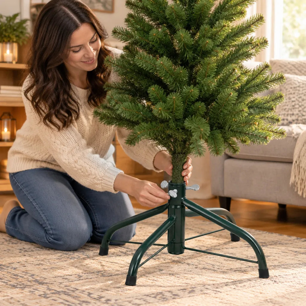Woman placing a small artificial tree into a metal Christmas tree stand