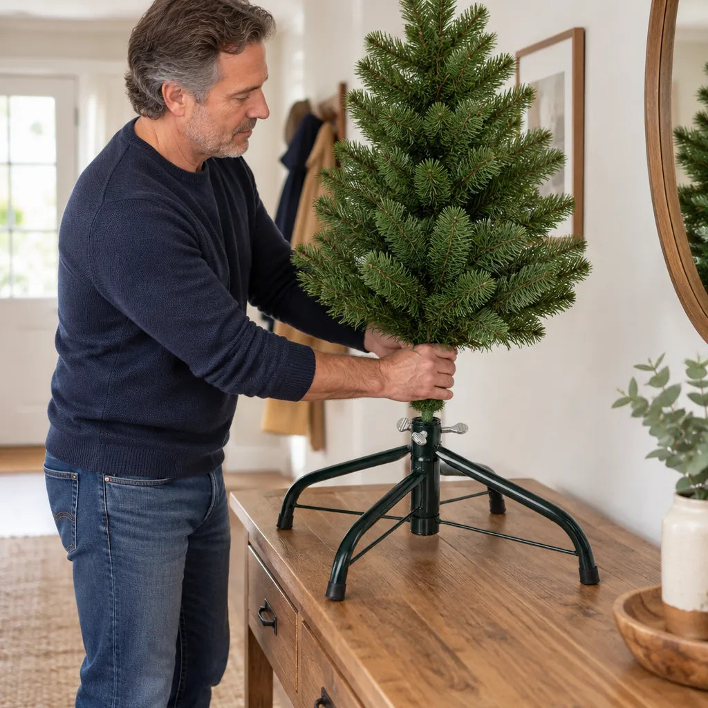 Man setting a tabletop tree in a metal Christmas tree stand on a console