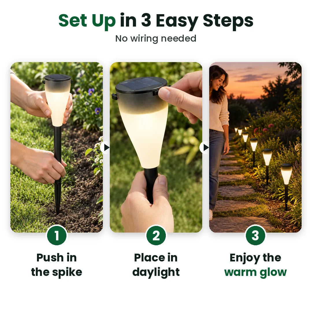 Three steps to set up solar pathway lights: push in, place in daylight, enjoy the glow