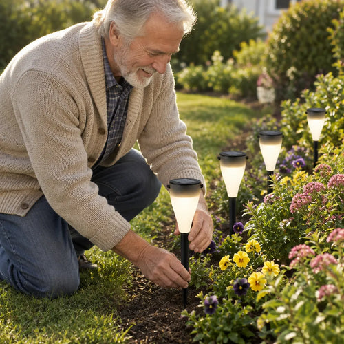 Hombre mayor colocando una luz solar para camino en una jardinera con flores