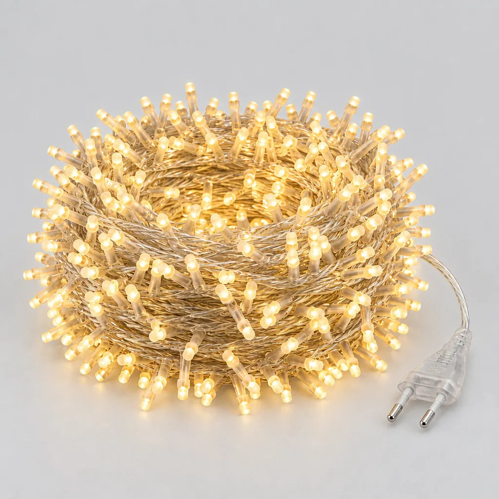 Coiled bundle of warm white outdoor LED string lights with plug on a grey surface