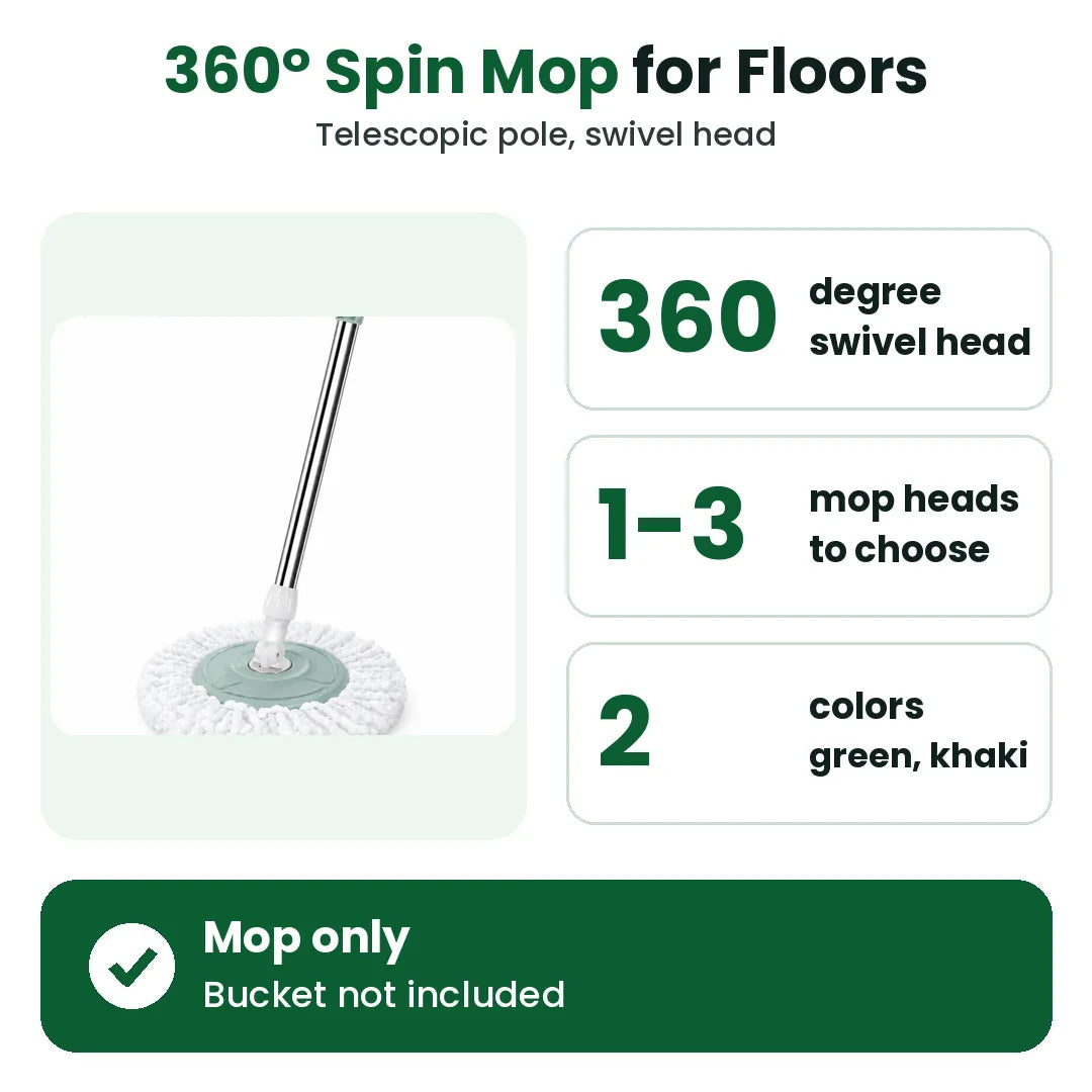 360° spin mop for floors with telescopic pole, 1 to 3 mop heads, mop only