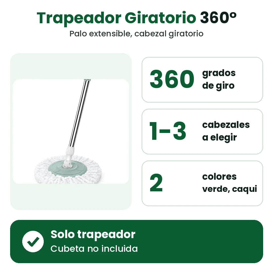 Trapeador giratorio 360° con palo extensible, 1 a 3 cabezales, cubeta no incluida
