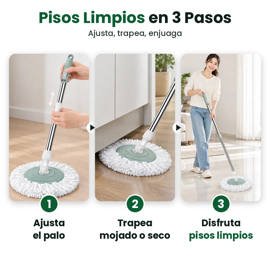 Tres pasos para usar un trapeador giratorio: ajusta el palo, trapea y disfruta pisos limpios