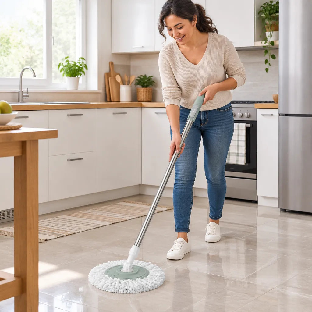 Woman smiling while mopping her kitchen floor with a spin mop