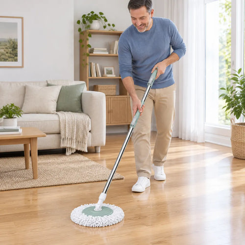 Hombre trapeando el piso de madera de la sala con un trapeador giratorio