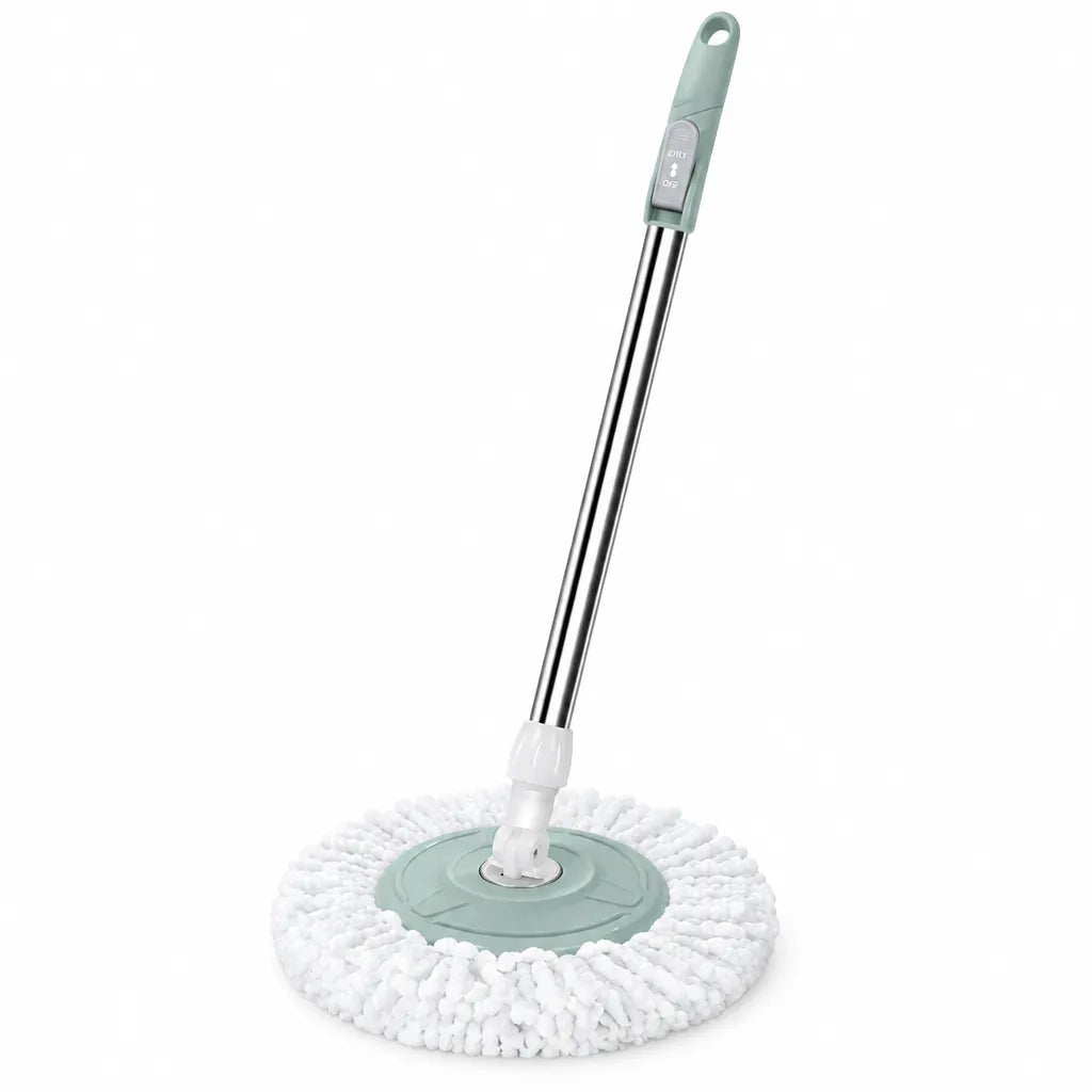 Green 360° spin mop with telescopic pole and round mop head on white