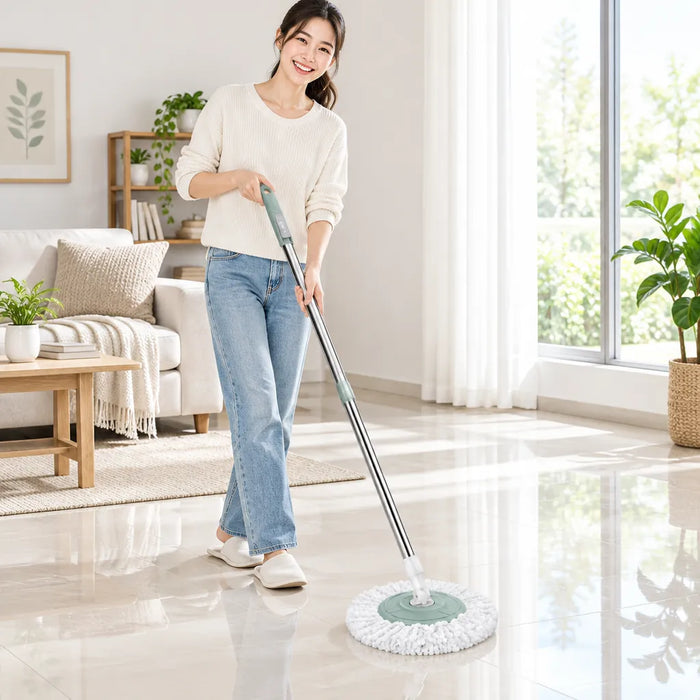 Mujer sonriendo con un trapeador giratorio sobre el piso limpio y brillante de la sala