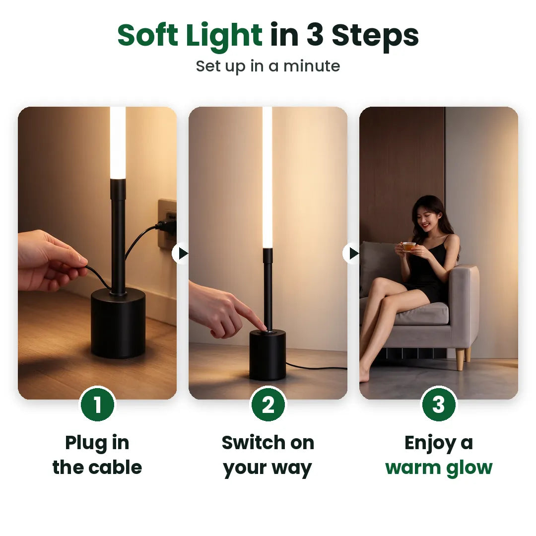 Three steps to set up a slim LED floor lamp: plug in, switch on, enjoy warm light