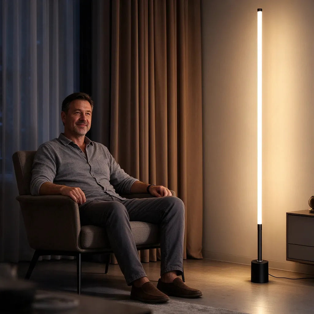 Man relaxing in an armchair next to a slim black LED standing lamp in a living room corner