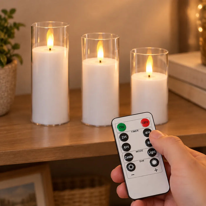 Thumb pressing the timer button on the remote of flickering LED candles on a shelf