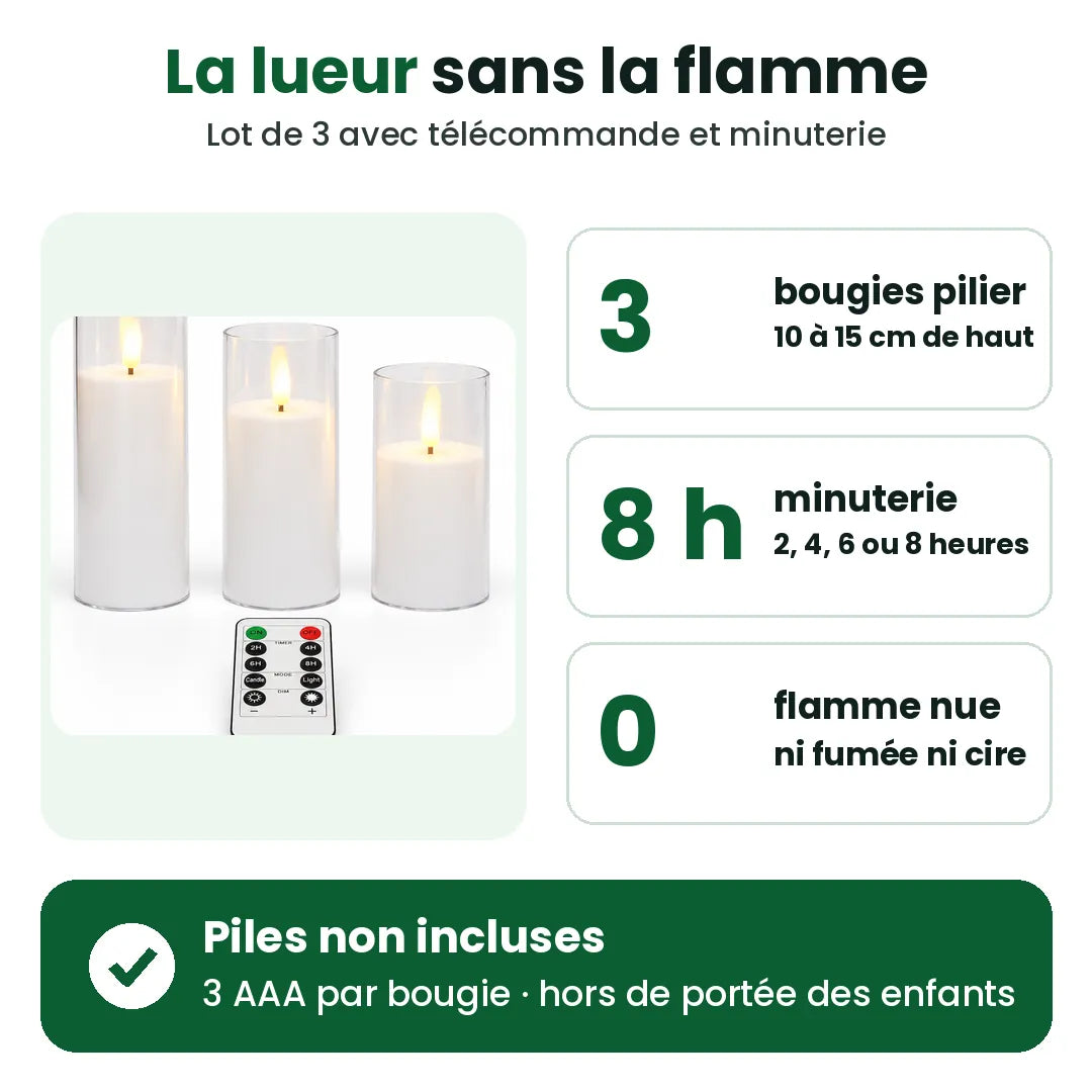 Lot de 3 bougies pilier LED avec minuterie quotidienne et sans flamme nue