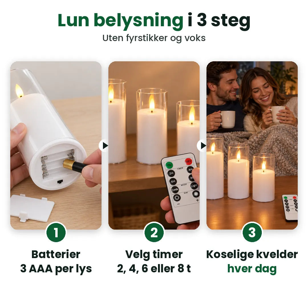 Slik fungerer LED lys på batteri: sett i batterier, still timeren og nyt lyset
