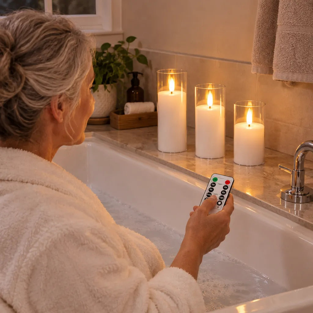 Woman switching on flameless LED candles by the bathtub with the remote