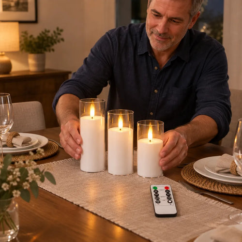 Man placing three LED pillar candles as a centerpiece on a dinner table