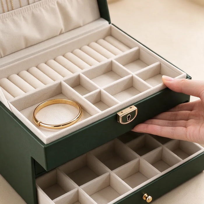 Hand pulling out the drawer of a green jewelry box organizer with small compartments