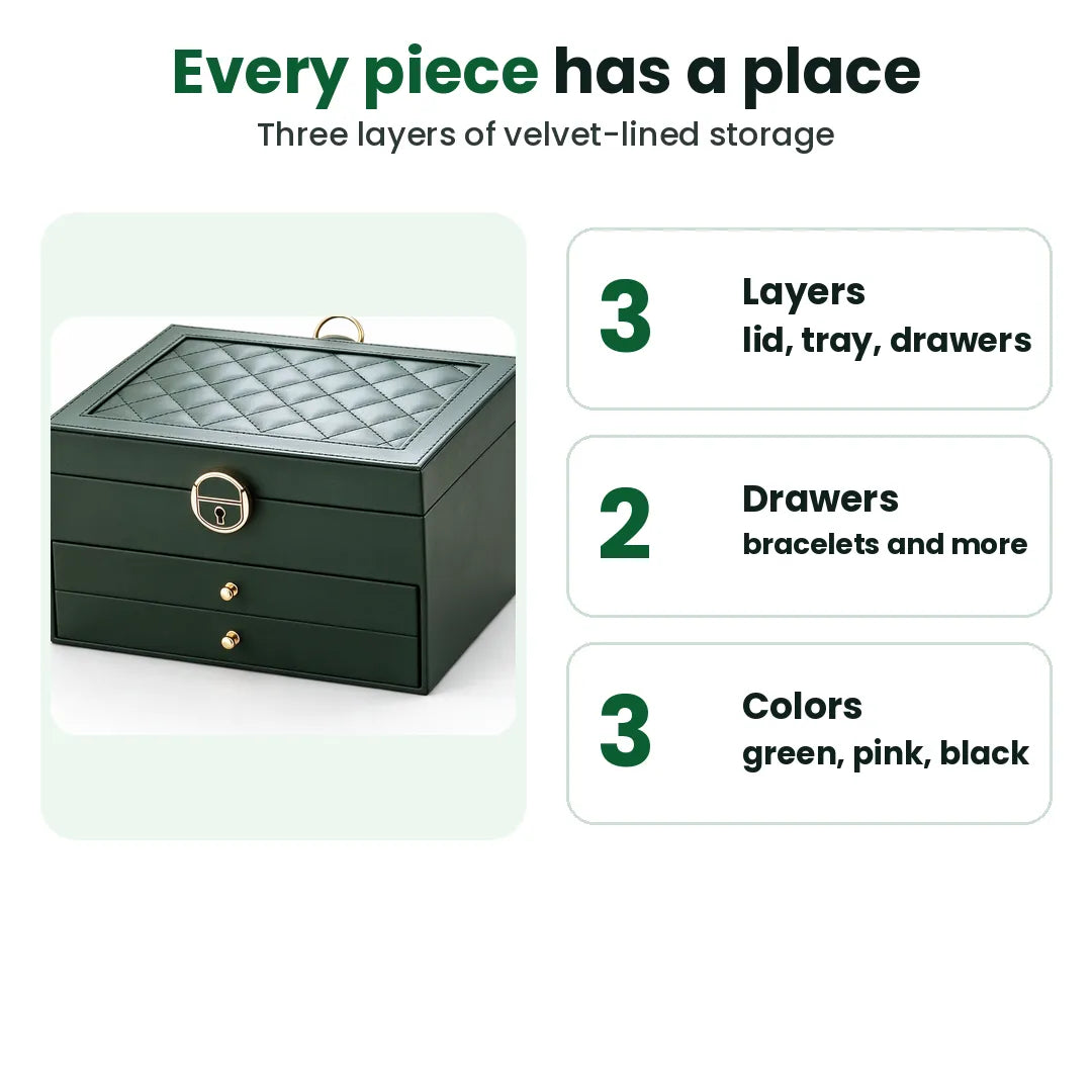Three-layer jewelry box with 2 drawers in green, pink and black
